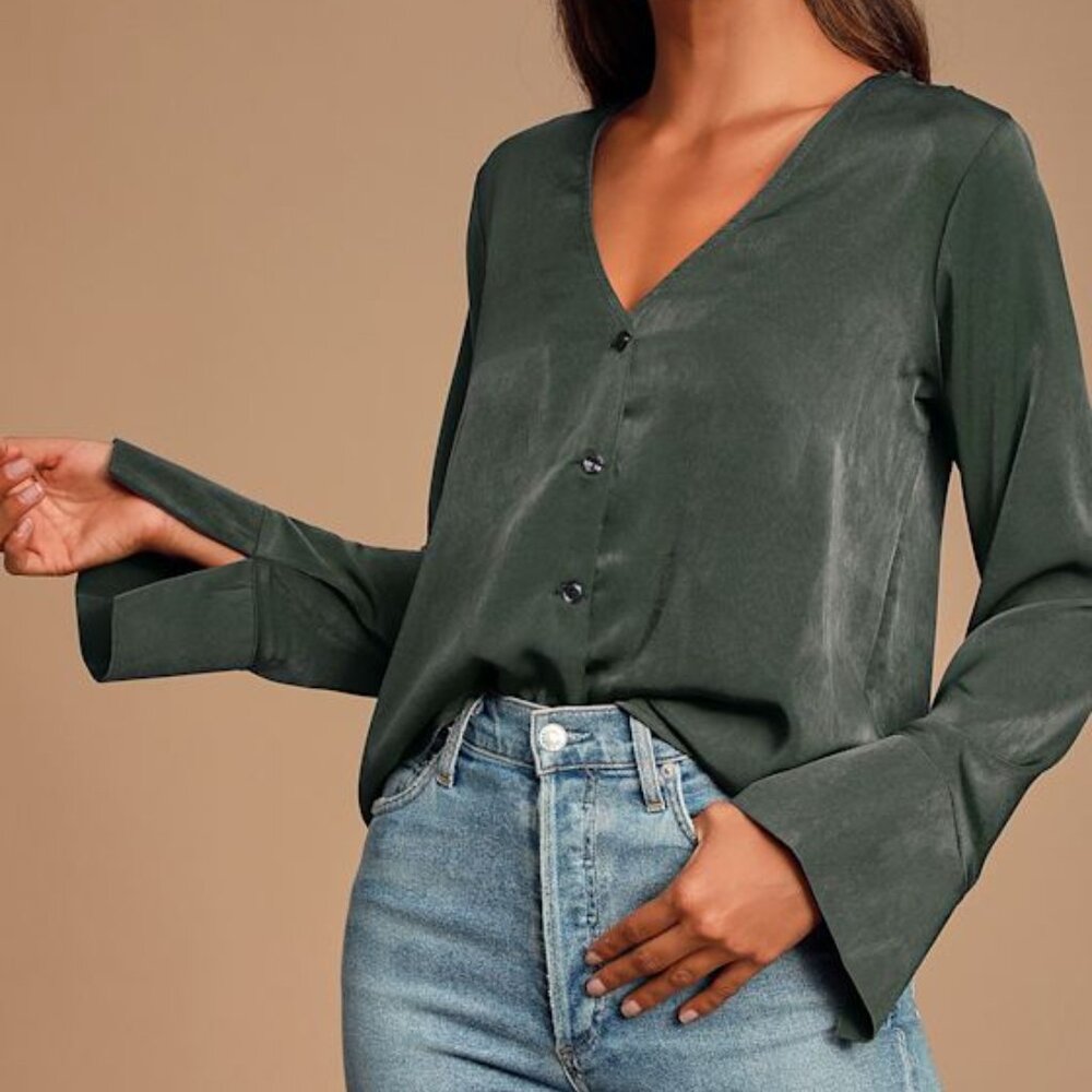 Lulus Adilene Dark Olive Green Long Sleeve Button-up Top - Size S
